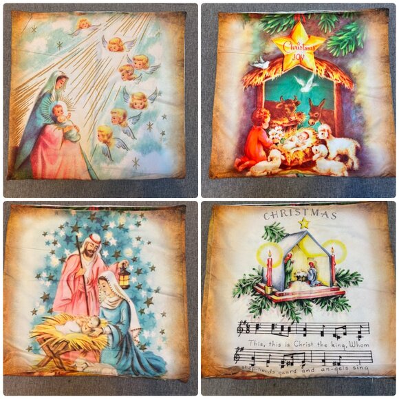 Nativity Scene Pillow Cover Set of 4 Manger Scene - Picture 2 of 9